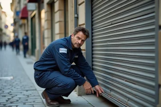 Technicien Atlas Dépannage inspectant un rideau métallique dans une rue de Lyon