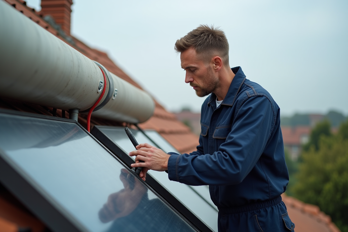 Technicien en overalls inspectant un chauffe-eau solaire sur un toit