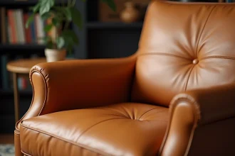 Gros plan sur la texture naturelle du cuir aniline d'un fauteuil, révélant les pores et variations de couleur caractéristiques de ce type de tannage