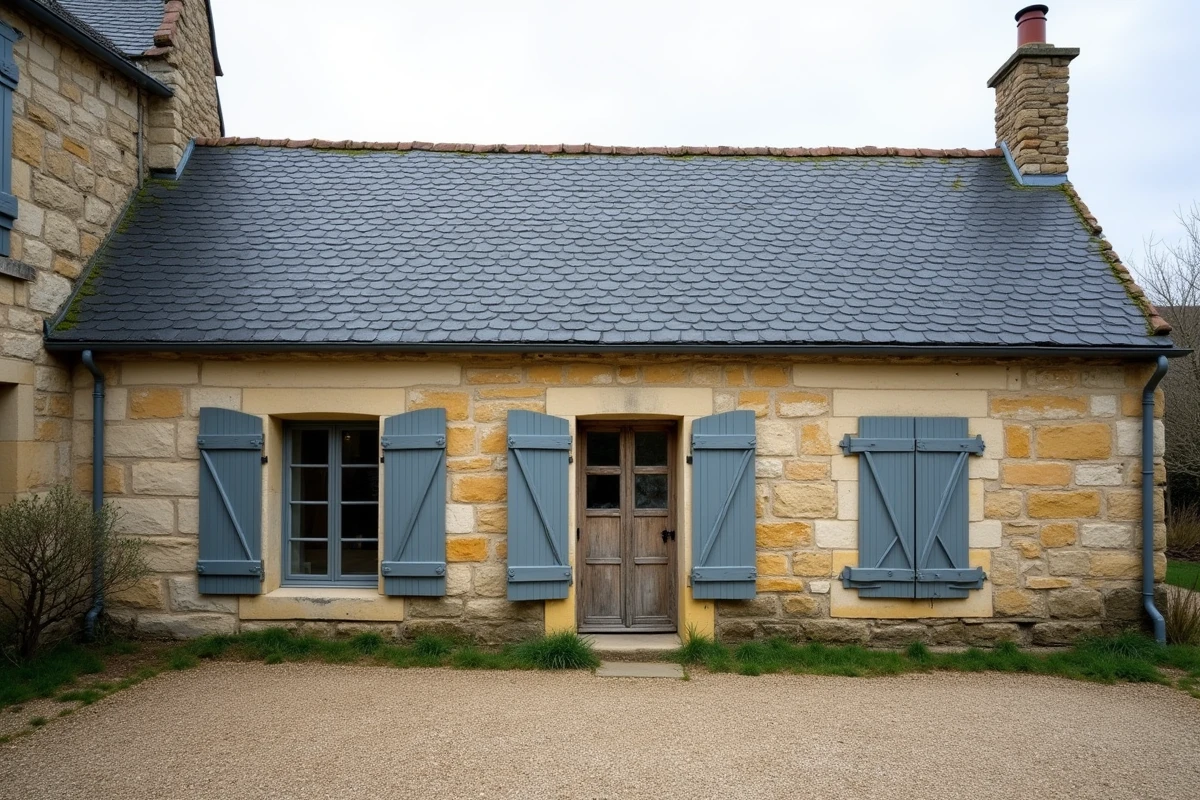 Toiture en ardoise traditionnelle sur une ferme en pierre avec motif en losange et ardoises de format moyen bien dimensionnées