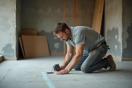 Artisan traçant une ligne de référence au cordeau sur le sol béton pour la pose d'un coffrage placo sans rail