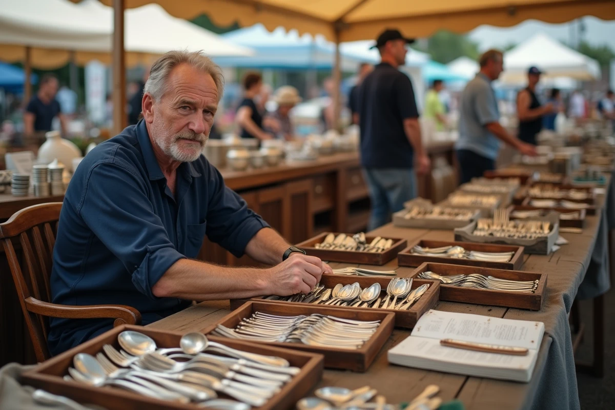 Homme triant une ménagère complète en métal argenté sur une table de vide-grenier dans un marché aux antiquités en plein air