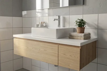 Vasque rectangulaire encastrée sur meuble suspendu en bois clair dans une salle de bain minimaliste, illustration des dimensions standard d'une vasque