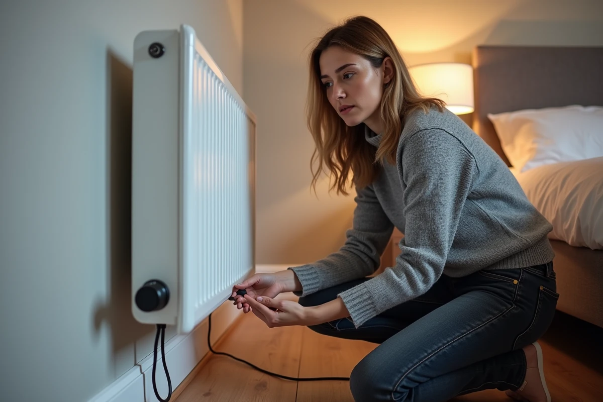 Femme vérifiant le câble d'alimentation d'un radiateur électrique dans une chambre moderne