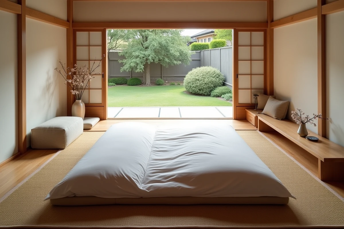Vue en plongée d une chambre zen minimaliste avec futon