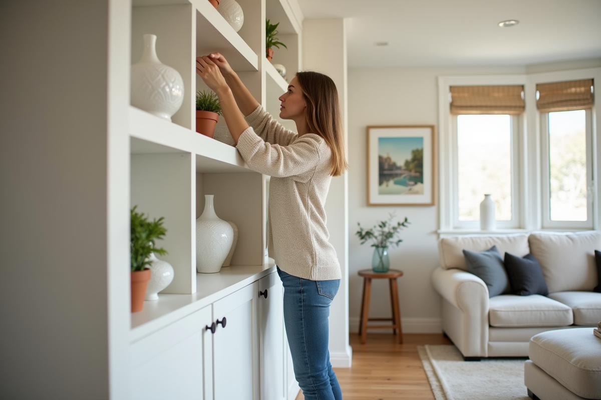 Femme arrangeant des vases blancs dans un salon rénové